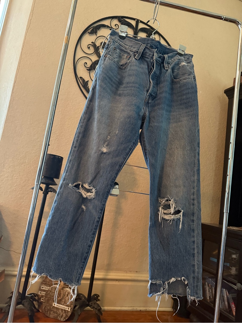 Levi's Iconic 501 Blue Denim Distressed Jeans with Red Logo Tab